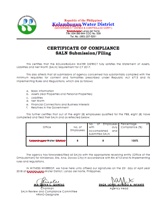 Certificate of Compliance – SALN CY 2018