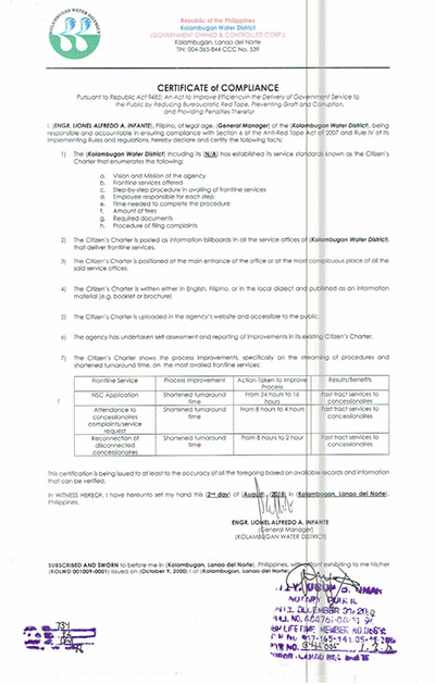 Certificate of Compliance – ARTA CY 2018