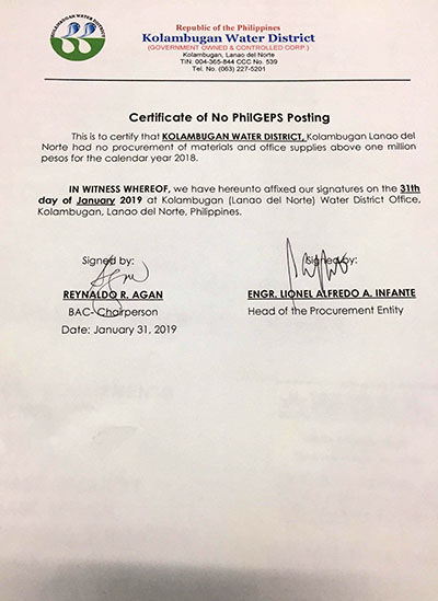 Certificate of No PhilGEPS Posting CY 2019