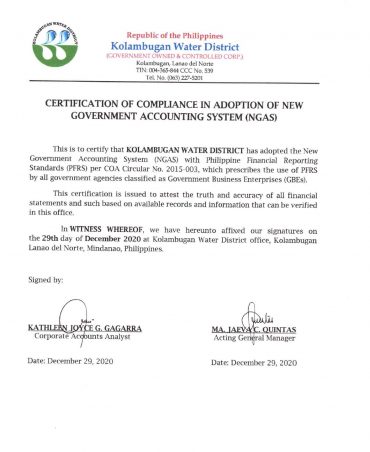 Certificate of Compliance in Adoption of New Government Accounting System CY 2020