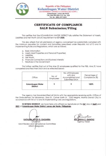Certificate of Compliance – SALN CY 2020