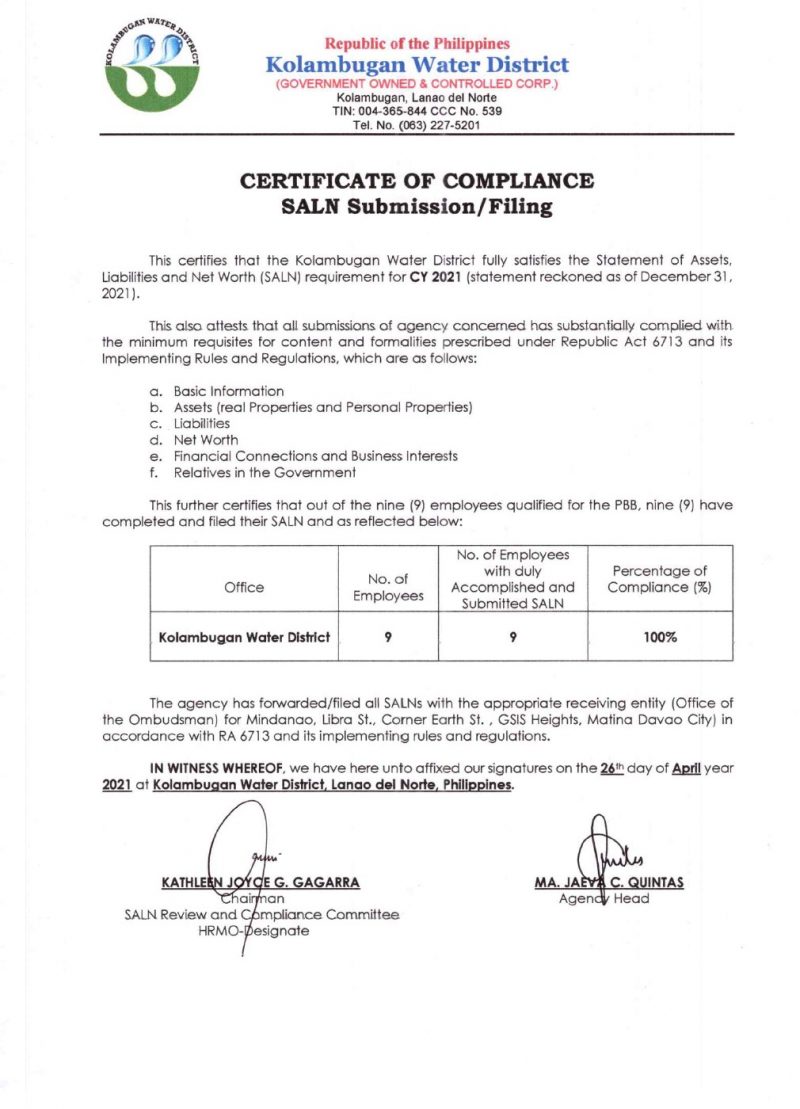 Certificate of Compliance – SALN CY 2021