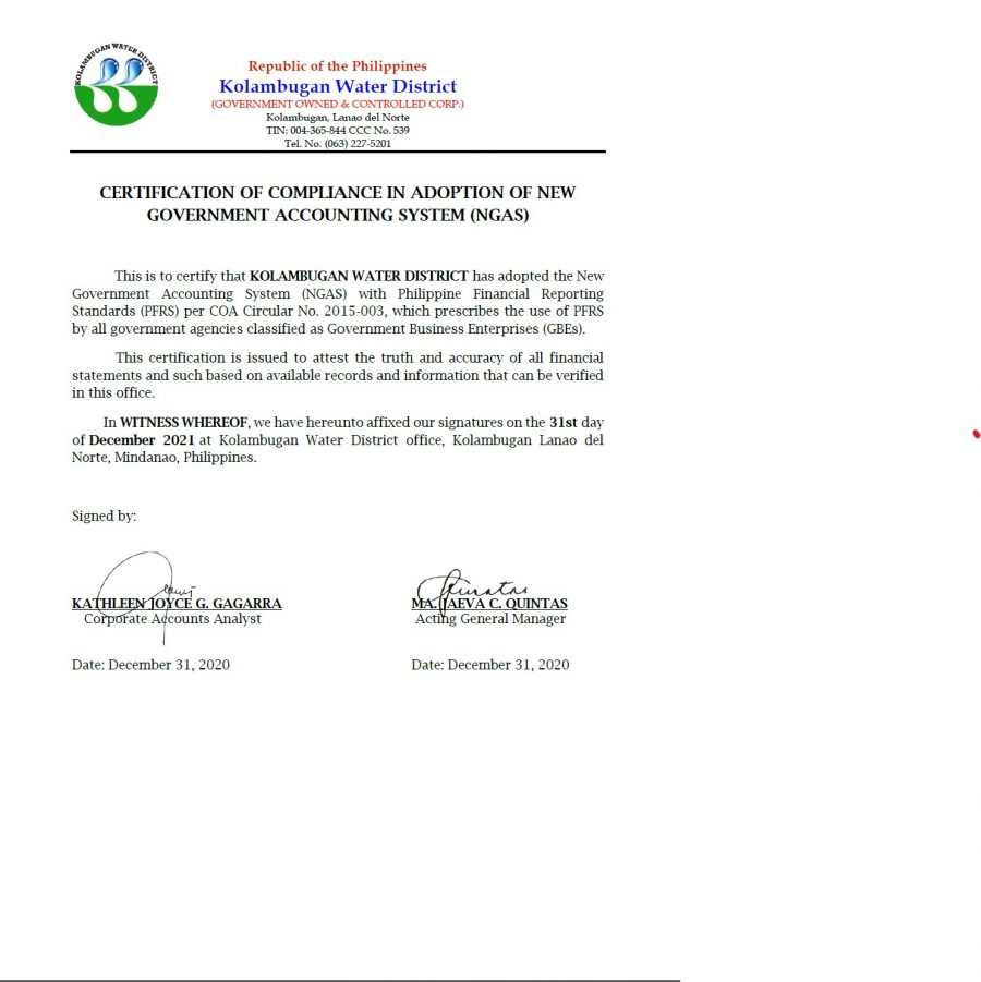 Certificate of Compliance in Adoption of New Government Accounting System CY 2021