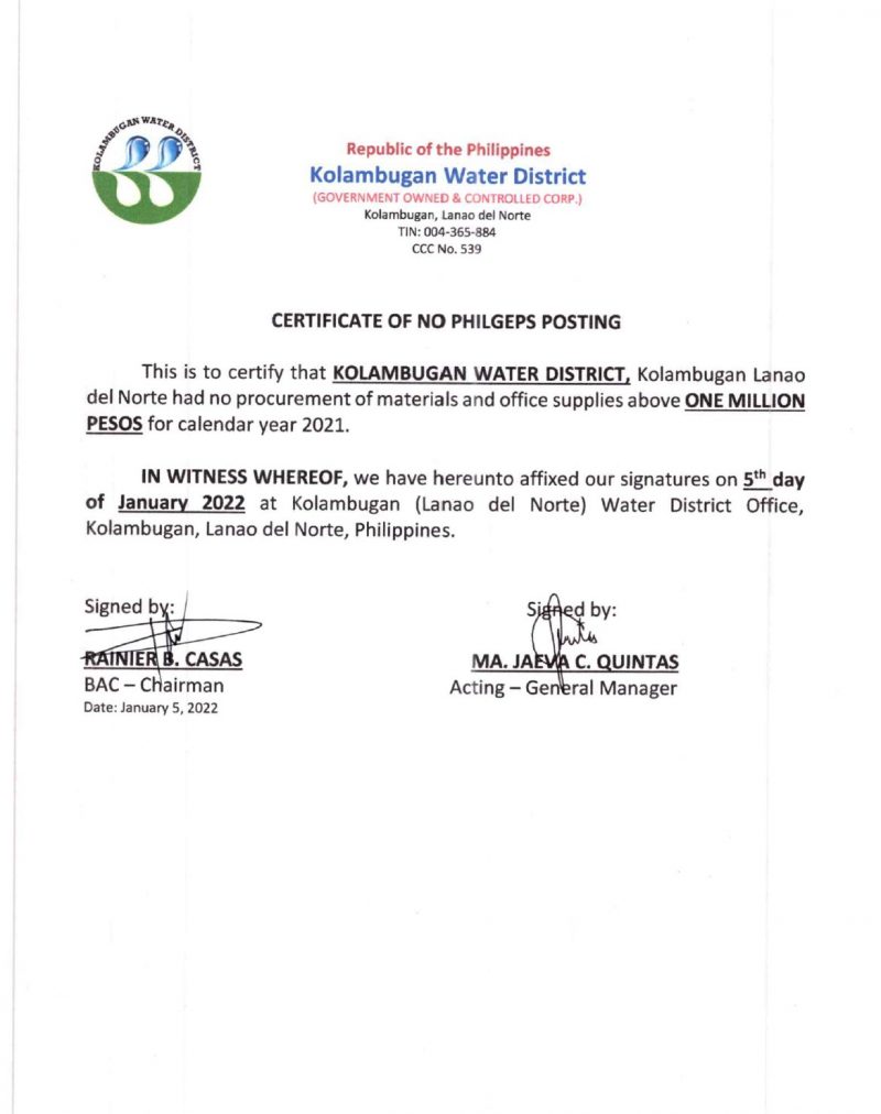 Certificate of No PhilGEPS Posting CY 2021