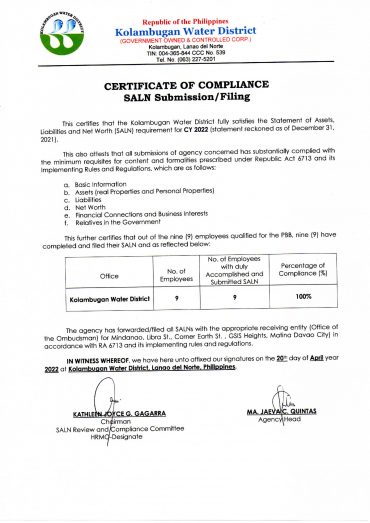 Certificate of Compliance – SALN CY 2022