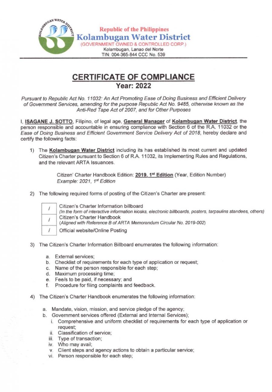 Certificate of Compliance – Citizen’s Charter – CY 2022
