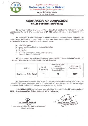 Certificate of Compliance – SALN CY 2023