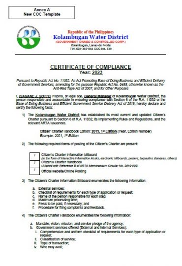 Certificate of Compliance – Citizen’s Charter – CY 2023