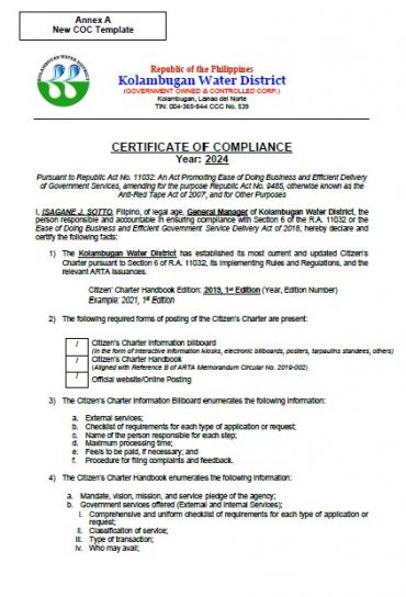 Certificate of Compliance – Citizen’s Charter – CY 2024