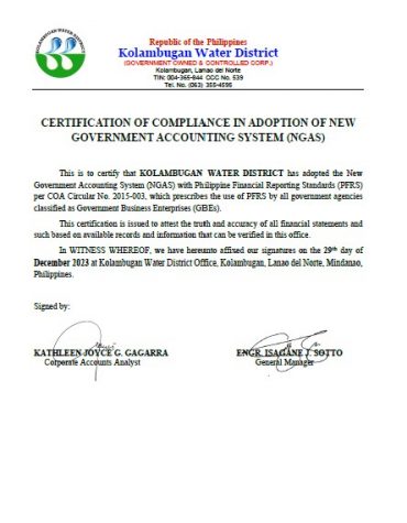 Certificate of Compliance in Adoption of New Government Accounting System CY 2023