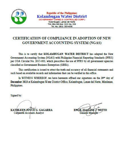 Certificate of Compliance in Adoption of New Government Accounting System CY 2023