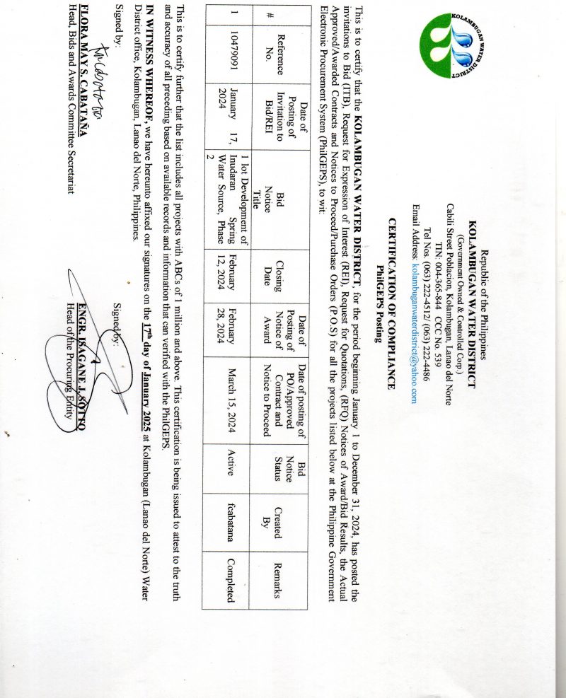 Certificate of Compliance PhilGEPS Posting CY 2025